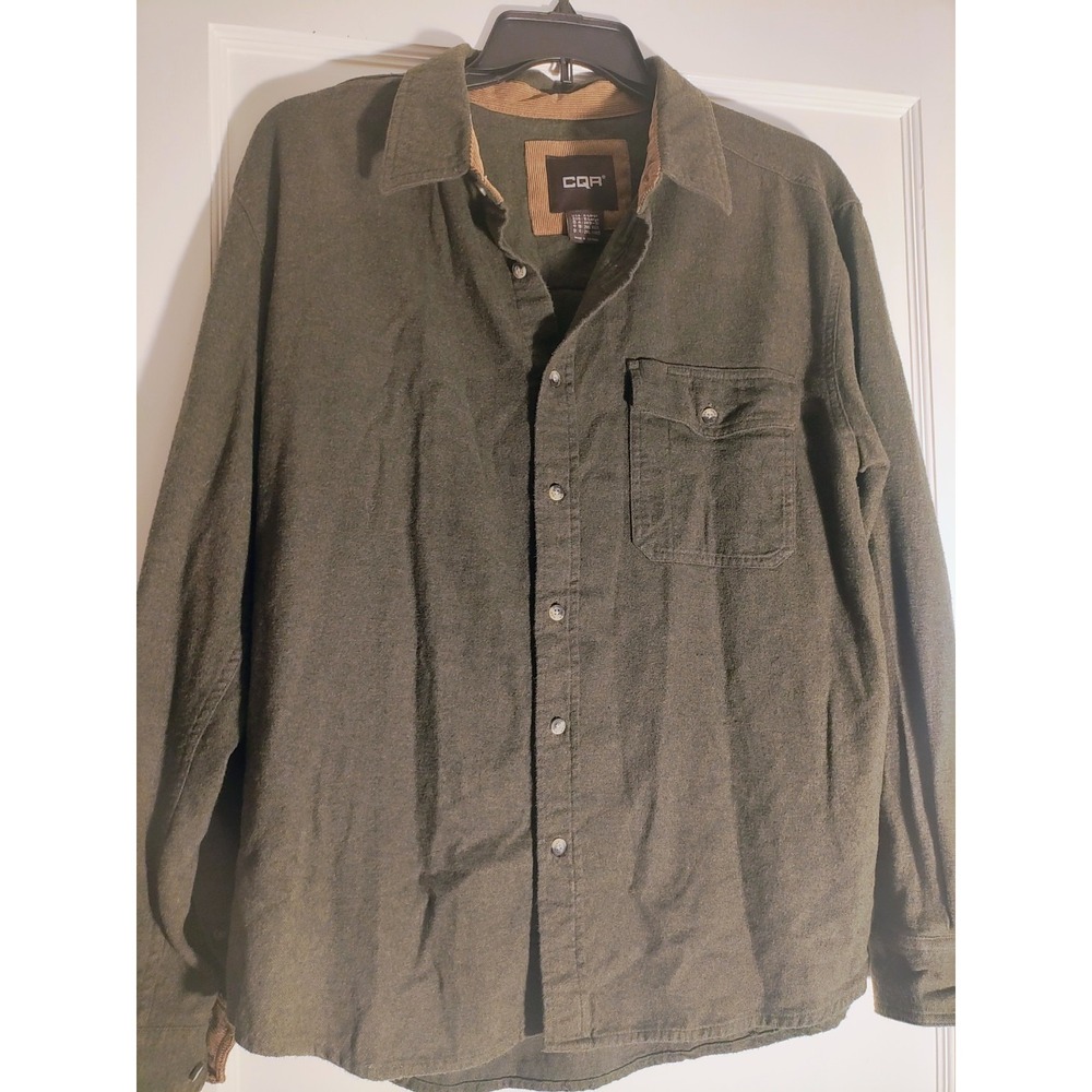 CQR Men's XL Olive Green 100% Cotton Flannel Shirt Corduroy Trim Workwear